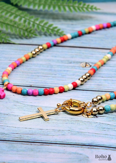 Boho Necklace, Seed Bead Layered Choker, Double Cross